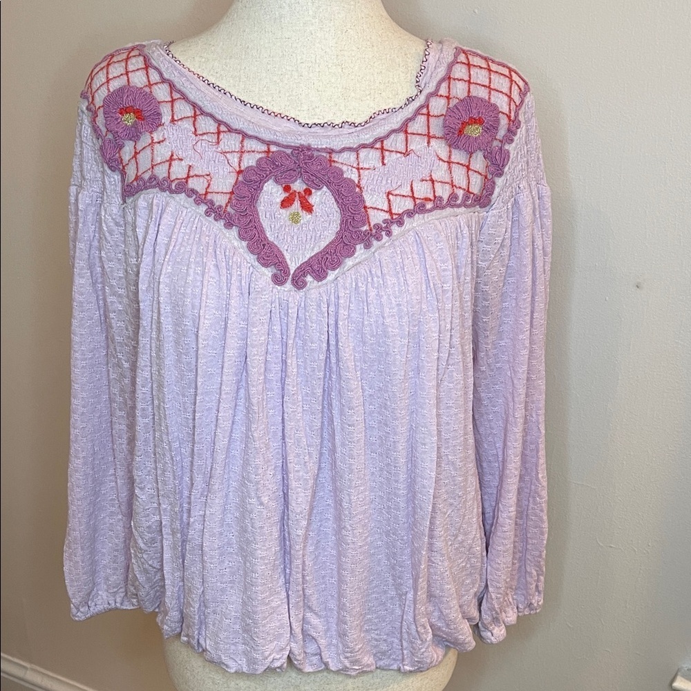 Free People Lilac Embroidered Boho Peasant Top Long Sleeve Women’s M